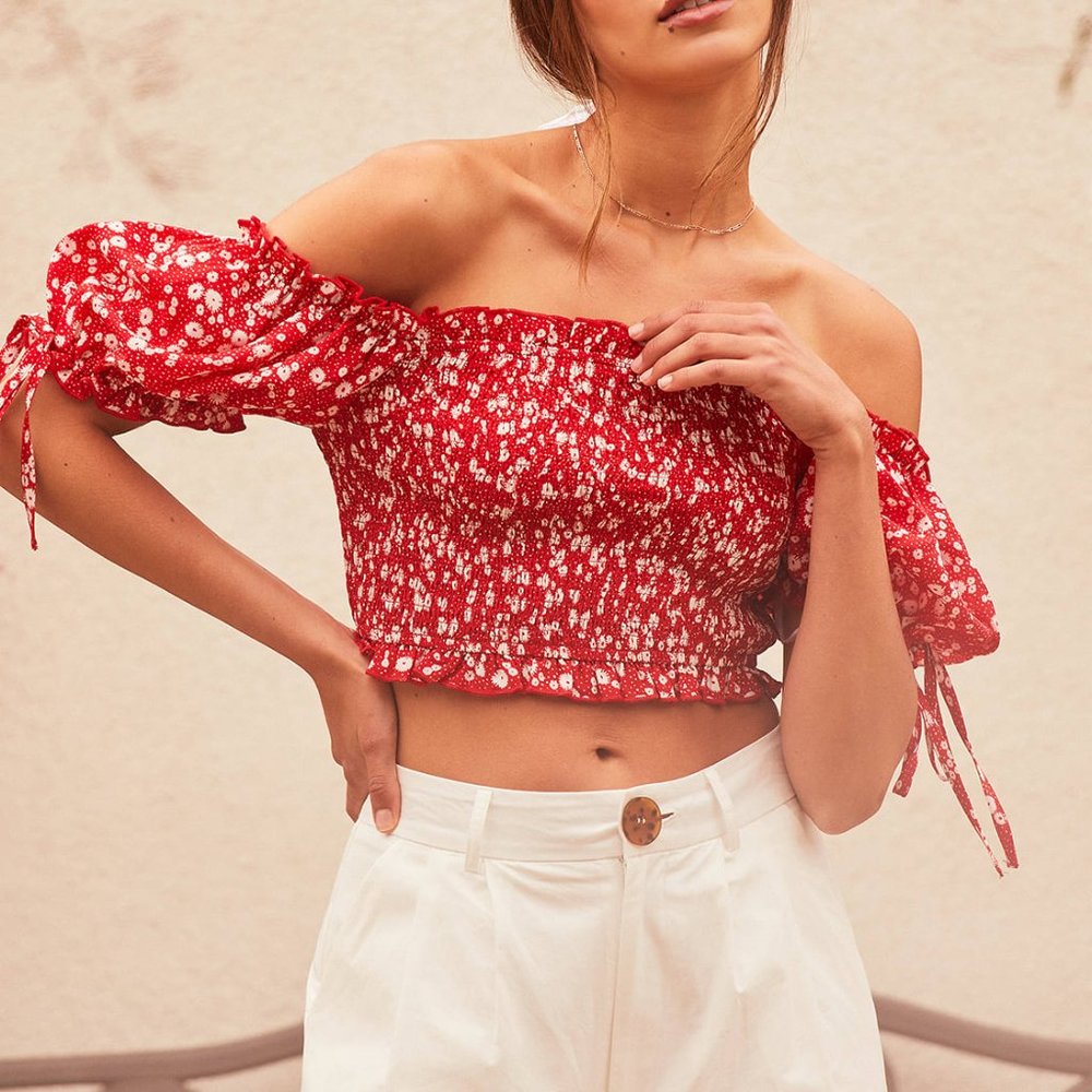 NEW Lulus Summertime Sweetness Red Floral Print Smocked Puff Sleeve Top Size XS